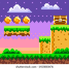 Fondo del juego de píxeles con monedas en el cielo. Escena de juegos de arte de Pixel con plataforma de césped verde y pecho de madera contra cielo azul y dinero dorado pixelado. Ilustración vectorial de estilo de píxeles