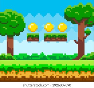 Pixel-game background with coins in the sky. Pixel art game scene with green grass platform and tall trees against blue sky and pixelated golden money. Pixel style forest landscape vector illustration