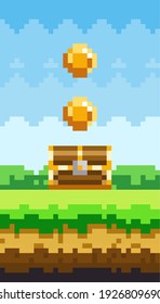 Pixel-game background with coins in the sky. Pixel art game retro scene with awards and chest on green grass against blue sky and pixelated golden money. Pixel style landscape vector illustration