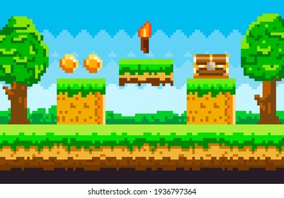 Pixel-game background with coins in sky. Pixel art game scene with green grass platform and chest