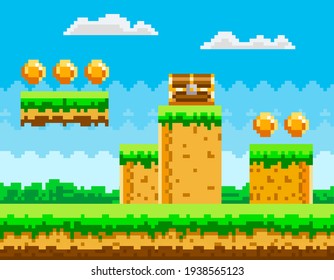 Pixel-game background with coins in sky. Pixel art game scene with green grass platform and chest