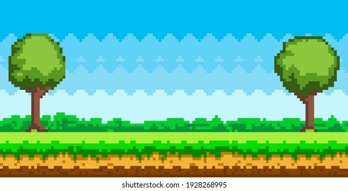 Pixel-game background. Pixel art game scene with green grass and tall trees against blue sky with clouds, pixelated template for computer game or application. Flat nature landscape vector illustration