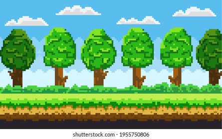 Pixelspielhintergrund. Pixelkunstspielszene mit grünem Gras und hohen Bäumen auf blauem Himmel