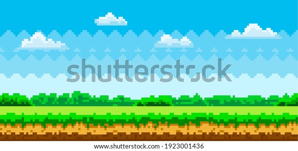 Pixel Game Background Pixel Scene With Green Grass And Forest In