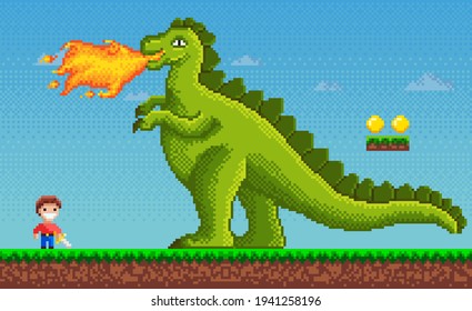 Pixel-game dinosaur monster breathes fire on human character in pixel art vector illustration