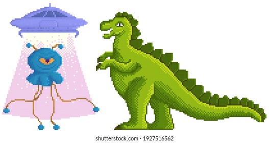 Pixel-game dinosaur monster fighting an alien character in pixel art vector illustration. Video game sprite 8-bit style. Godzilla battling pixelated warrior with ufo isolated on white background