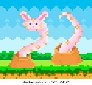 Pixel-game interface abstract layout design. Fantasy glade with alien plants with tentacles on green grass. Pixelated vector background. Space meadow with pink fantastic organism design for mobile app