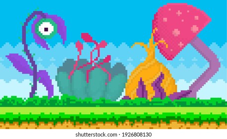 Pixel-game interface abstract layout design. Fantasy glade with alien plants on green grass. Pixelated vector background. Space meadow with plants, colorful flowers and bushes. Design for mobile app