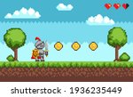 Pixel-game knight brave character in armor. Natural landscape with warrior holding shield and sword