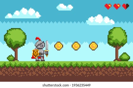 Pixel-game knight brave character in armor. Natural landscape with warrior holding shield and sword