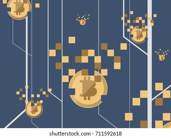pixelized coin failling down on blue background with white digital line