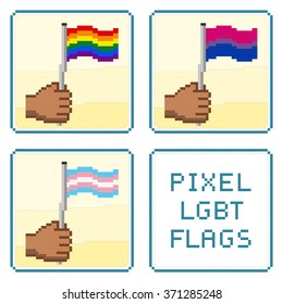 Pixelized hands holding LGBT flags vector. All elements sorted and grouped in layers
