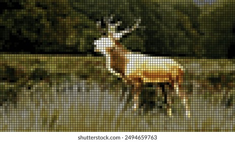 A pixelized image of a deer with large horns on a forest background.  A picture for interior decoration. A work of art made of beads.