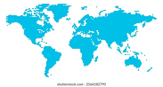 A pixelized vector representation of the world map highlights major continents in a bright blue color, providing a clear and simplified view of global geography and locations.