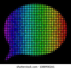 Pixel-like bright halftone hint icon drawn with spectrum color tinges with horizontal gradient on a black background. Colored vector pattern of hint pictogram composed with circle points.