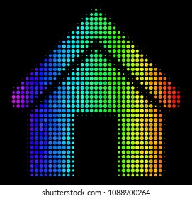Pixel-like bright halftone home icon using spectrum color tones with horizontal gradient on a black background. Color vector collage of home symbol designed with round dots.