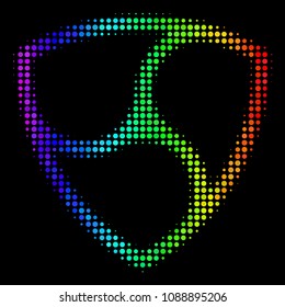 Pixel-like bright halftone NEM currency icon in spectral color hues with horizontal gradient on a black background. Colored vector concept of NEM currency symbol designed of spheric items.