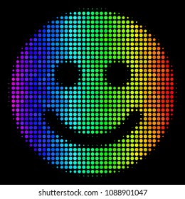 Pixel-like colorful halftone glad smile icon in spectral color shades with horizontal gradient on a black background. Multicolored vector composition of glad smile symbol combined from round items.