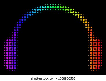 Pixel-like colorful halftone headphones icon using spectrum color variations with horizontal gradient on a black background. Color vector mosaic of headphones illustration done of circle cells.