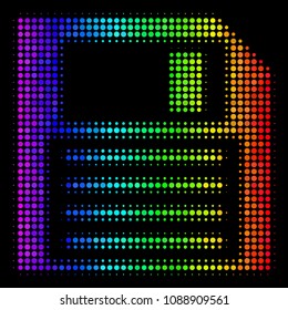 Pixel-like impressive halftone floppy disk icon in spectrum color tints with horizontal gradient on a black background. Bright vector pattern of floppy disk symbol formed from spheric dots.