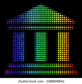 Pixel-like impressive halftone library building icon using rainbow color tints with horizontal gradient on a black background. Color vector collage of library building pictogram combined from circle dots.