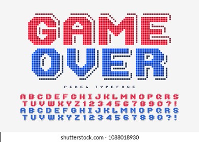 Pixel-look vector font design, stylized like in 8-bit games. 2 in 1, retro-futuristic, game over sign. Swatch color control.