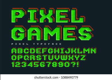 Pixel-look vector font design, stylized like in 8-bit games. High contrast, retro-futuristic, game over sign. Easy swatch color control.