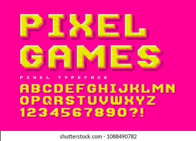 Pixel-look vector font design, stylized like in 8-bit games. High contrast, retro-futuristic, game over sign. Easy swatch color control.