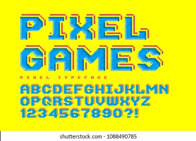 Pixel-look vector font design, stylized like in 8-bit games. High contrast, retro-futuristic, game over sign. Easy swatch color control.