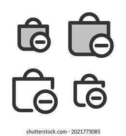Pixel-perfect icon of shopping bag with minus sign (remove from cart) built originally on two base grids of 32 x 32 and 24 x 24 pixels. In two-color and one-color versions. Editable strokes	
