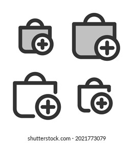Pixel-perfect icon of shopping bag with plus sign (add to cart) built originally on two base grids of 32 x 32 and 24 x 24 pixels. In two-color and one-color versions. Editable strokes	
