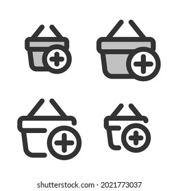 Pixel-perfect icon of shopping basket with plus sign (add to cart) built originally on two base grids of 32 x 32 and 24 x 24 pixels. In two-color and one-color versions. Editable strokes	