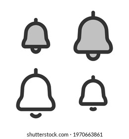 Pixel-perfect linear bell icon (notifications) built on two base grids of 32x32 and 24x24 pixels. The initial base line weight is 2 pixels. In two-color and one-color versions. Editable strokes