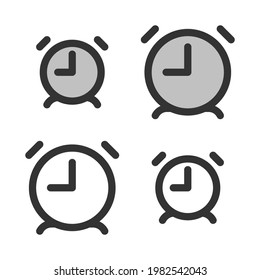 Pixel-perfect linear icon of  alarm clock  built on two base grids of 32x32 and 24x24 pixels. The initial base line weight is 2 pixels. In two-color and one-color versions. Editable strokes
