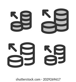 Pixel-perfect linear icon of coins stack with outgoing arrow (debiting funds from an account) built originally on two base grids of 32 x 32 and 24 x 24 pixels. Editable strokes	