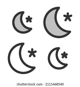 Pixel-perfect linear icon of crescent with star (clear night weather) built originally on two base grids of 32 x 32 and 24 x 24 pixels. In two-color and one-color versions. Editable strokes