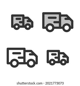 Pixel-perfect linear icon of delivery car built originally on two base grids of 32 x 32 and 24 x 24 pixels. In two-color and one-color versions. Editable strokes	