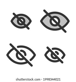 Pixel-perfect linear icon of eye crossed out  originally built on two base grids of 32 x 32 and 24 x 24 pixels for easy scaling. In two-color and one-color versions. Editable strokes