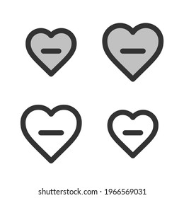Pixel-perfect linear icon of heart with minus sign in built on two base grids of 32x32 and 24x24 pixels. The initial line weight is 2 pixels. In two-color and one-color versions. Editable strokes