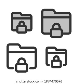 Pixel-perfect linear icon of a locked folder built on two base grids of 32 x 32 and 24 x 24 pixels. The initial base line weight is 2 pixels. In two-color and one-color versions. Editable strokes
