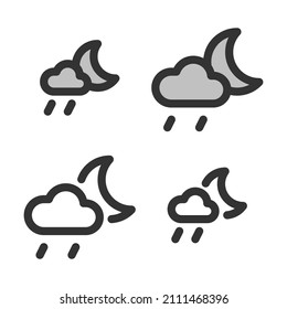 Pixel-perfect linear icon of partly cloudy with rain night weather   built originally on two base grids of 32 x 32 and 24 x 24 pixels. In two-color and one-color versions. Editable strokes