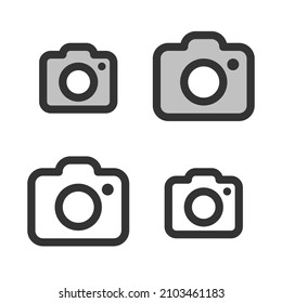 Pixel-perfect linear icon of a photographic camera built originally on two base grids of 32 x 32 and 24 x 24 pixels. In two-color and one-color versions. Editable strokes