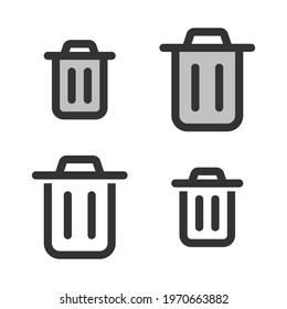 Pixel-perfect linear icon of a refuse bin built on two base grids of 32x32 and 24x24 pixels. The initial base line weight is 2 pixels. In two-color and one-color versions. Editable strokes