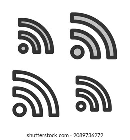 Pixel-perfect linear icon of RSS sign built originally on two base grids of 32 x 32 and 24 x 24 pixels. In two-color and one-color versions. Editable strokes