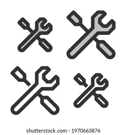 Pixel-perfect linear icon of screwdriver with spanner built on two base grids of 32x32 and 24x24 pixels. The initial line weight is 2 pixels. In two-color and one-color versions. Editable strokes