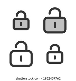 Pixel-perfect linear icon of a unlocked padlock built on two base grids. The initial base line weight is 2 pixels. In two-color and one-color versions. Editable strokes