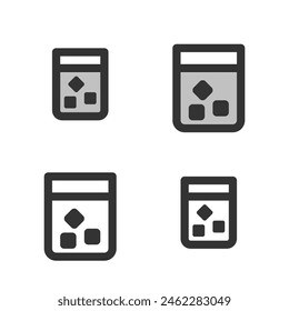 Pixel-perfect linear icon of a whiskey glass with ice cubes  built on two base grids of 32 x 32 and 24 x 24 pixels for easy scaling. In two-color and one-color versions. Editable strokes