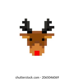 Pixels, 8 bits, deer head, horns, vector. Reindeer icon in pixel art style. Cartoon deer head isolated on white background. 8 bit Santa's Reindeer. Christmas magic animal. Retro template for banner