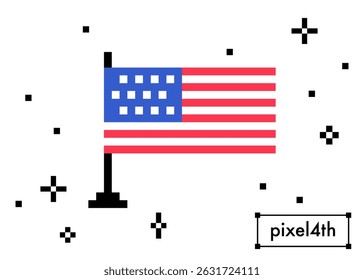 Pixels American flag icon with sparkles. Y2k inspired USA flag sticker in pixel art. Mood of 90s. 8 bit retro style isolated vector illustration. Game abstract memorial design element on white