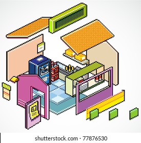 Pixels Art Isometric Vector Of  Buildings Shop Detail